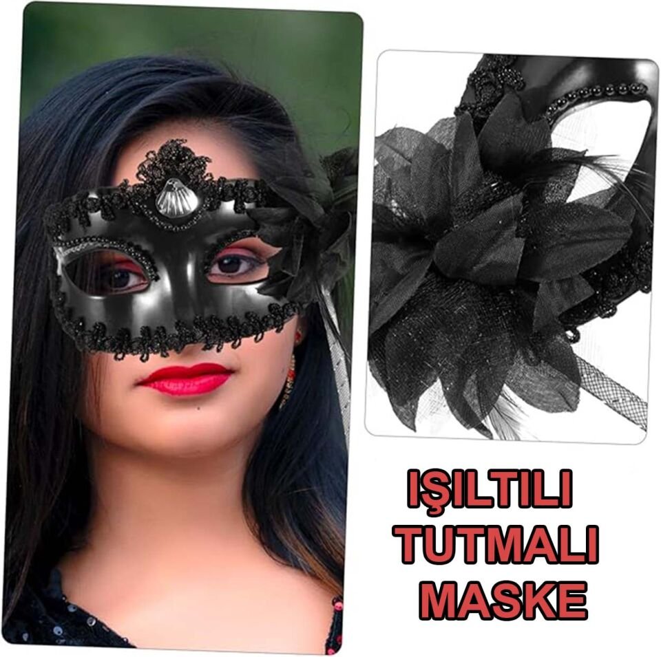 Siyah Işıltılı Tutmalı Fotoğraf Çekimi Maskesi Şık Tasarımlı Fonksiyonel Ürün