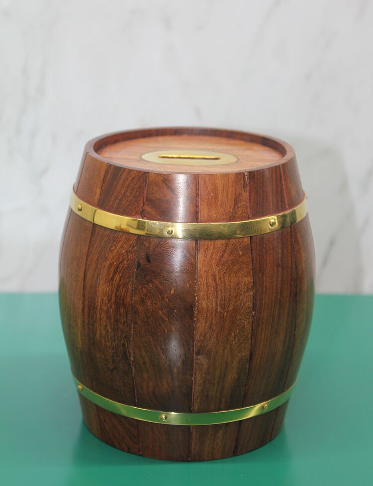 Pirinç Ahşap Fıçı Kumbara Şık Tasarımlı Fonksiyonel Ürün
