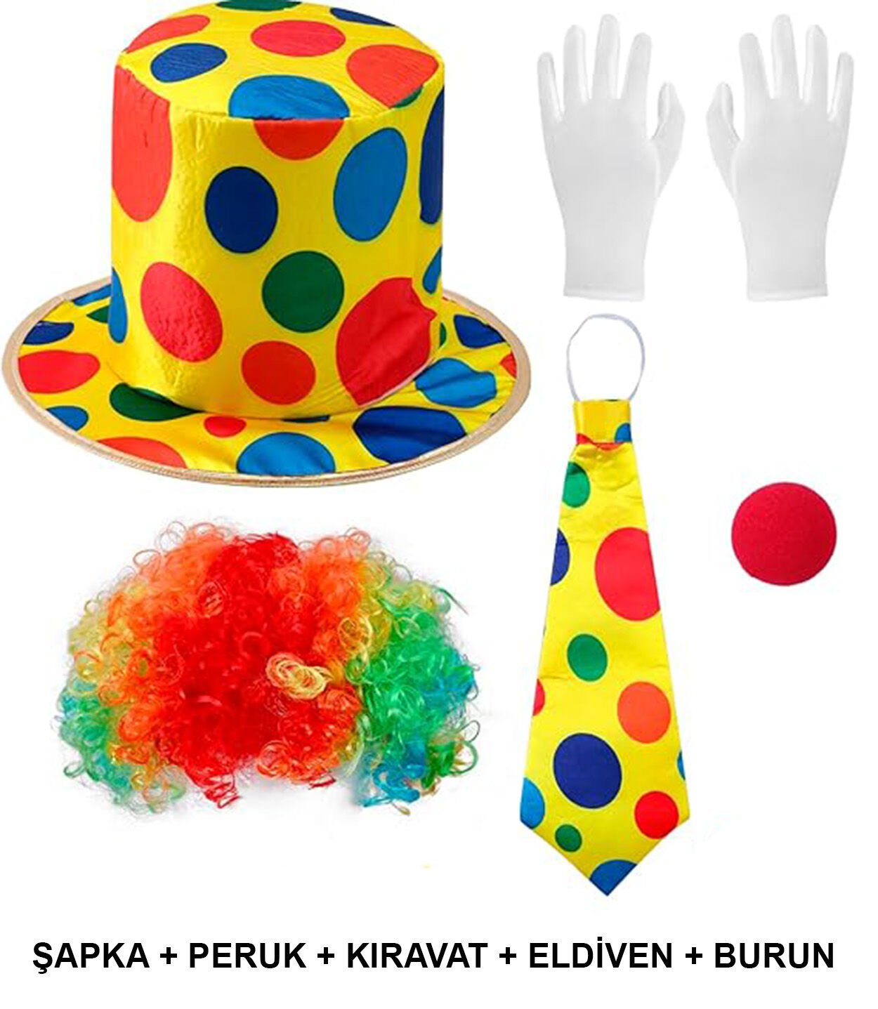 Renkli Palyaço Kostüm Seti – 5 Parça Aksesuar Şık Tasarımlı Fonksiyonel Ürün