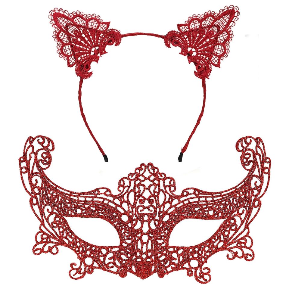 Romantik Kırmızı Dantel Maske Seti – Kedi Kulaklı Taç ve Maske No 3 Şık Tasarımlı Fonksiyonel Ürün