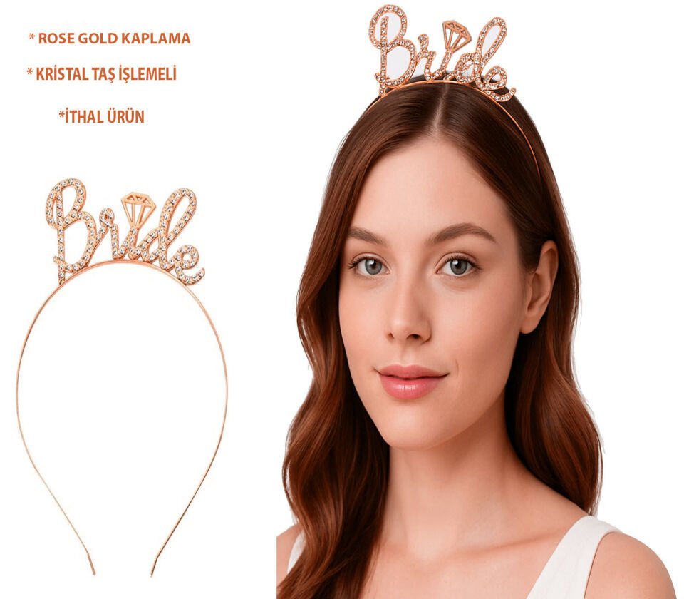 Rose Gold Renkli Taşlı “Bride” Gelin Tacı Şık Tasarımlı Fonksiyonel Ürün