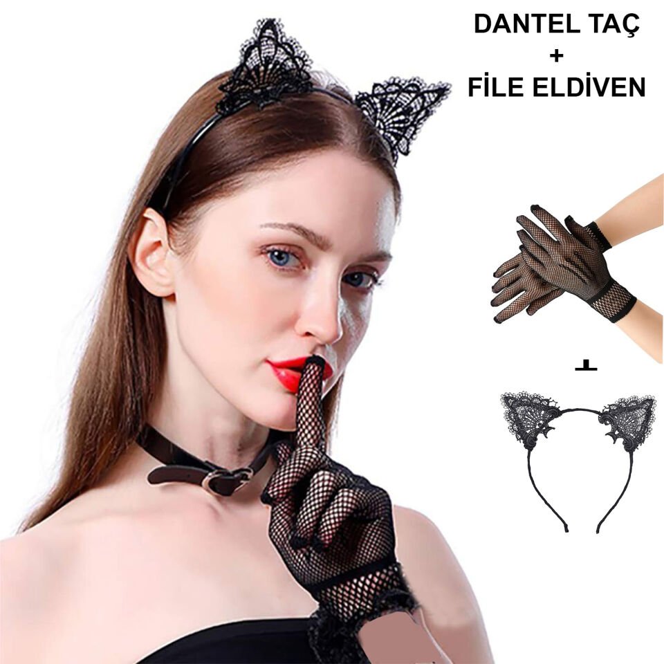 Siyah Kedi Dantel Taç + Eldiven Seti – Parti, Dans ve Kostüm Kombini Şık Tasarımlı Fonksiyonel Ürün