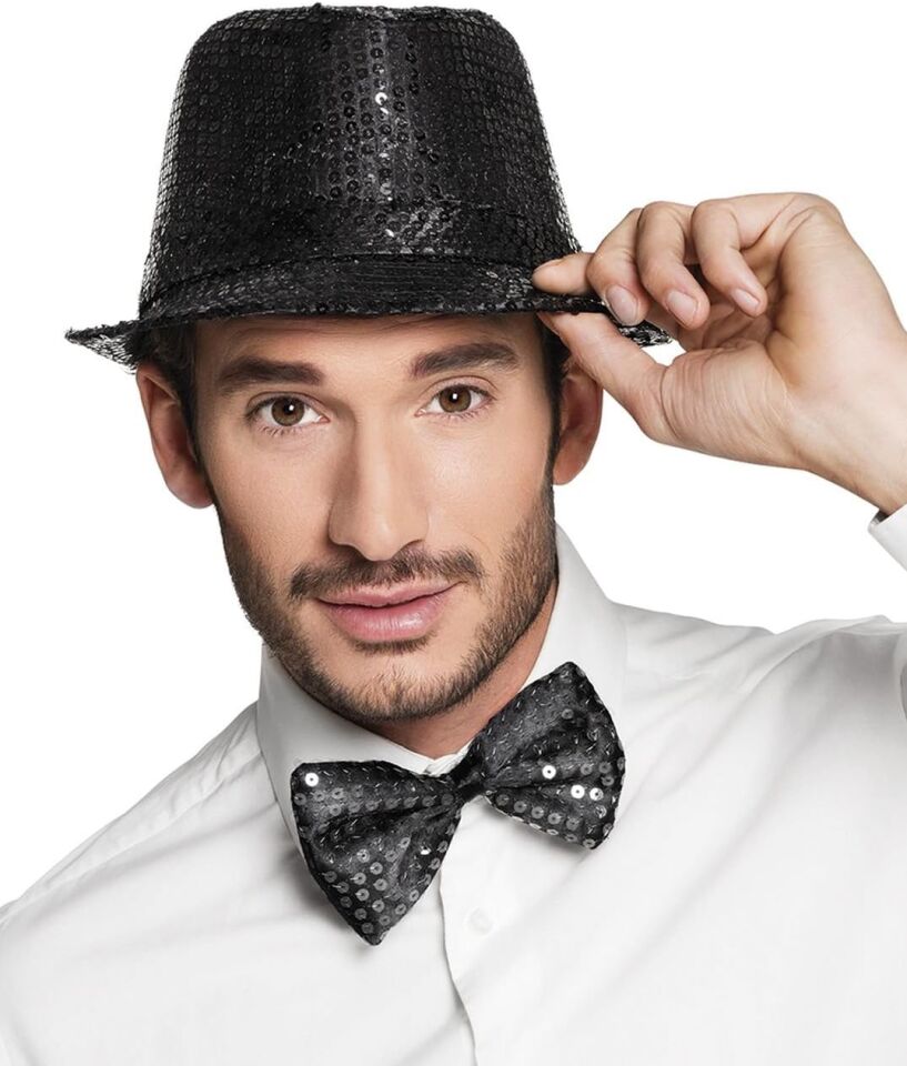 Siyah Payetli Şapka ve Papyon Seti – Parıltılı Yetişkin Kostüm Seti Şık Tasarımlı Fonksiyonel Ürün