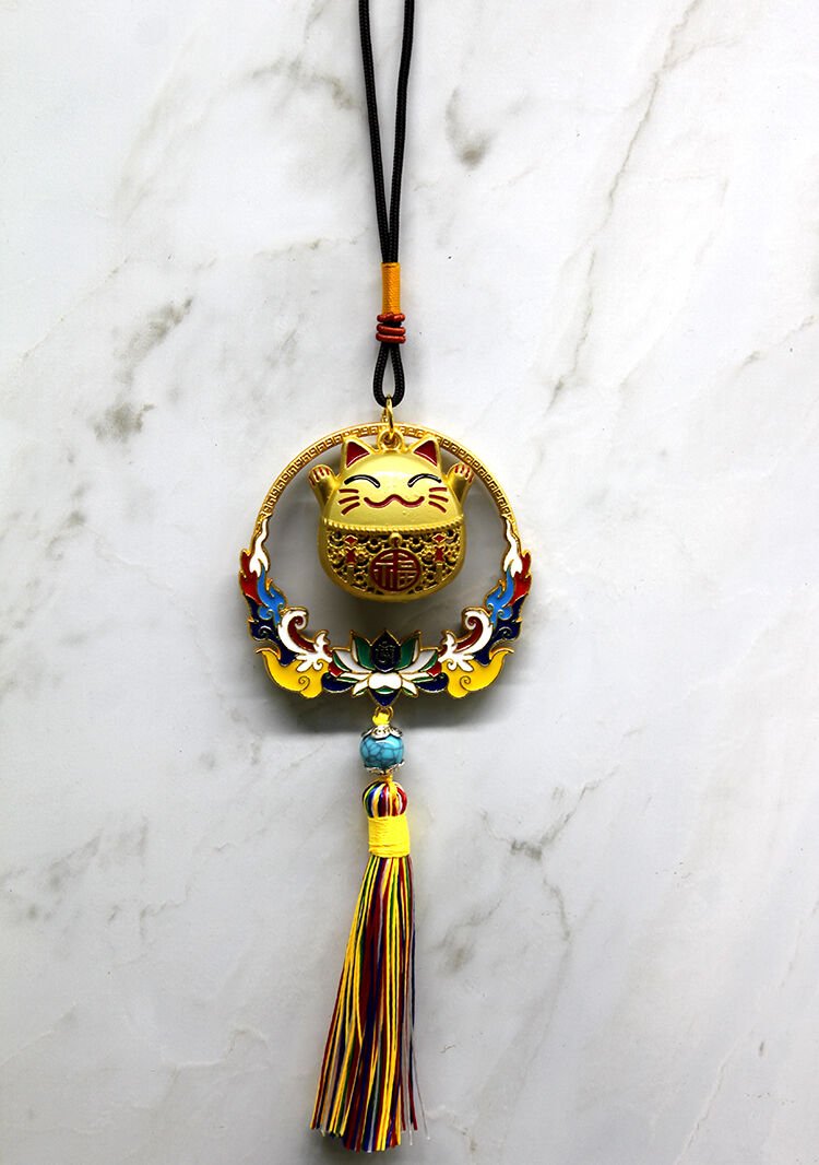 Renkli Püsküllü Şans Kedisi Feng Shui Askılık Şık Tasarımlı Fonksiyonel Ürün