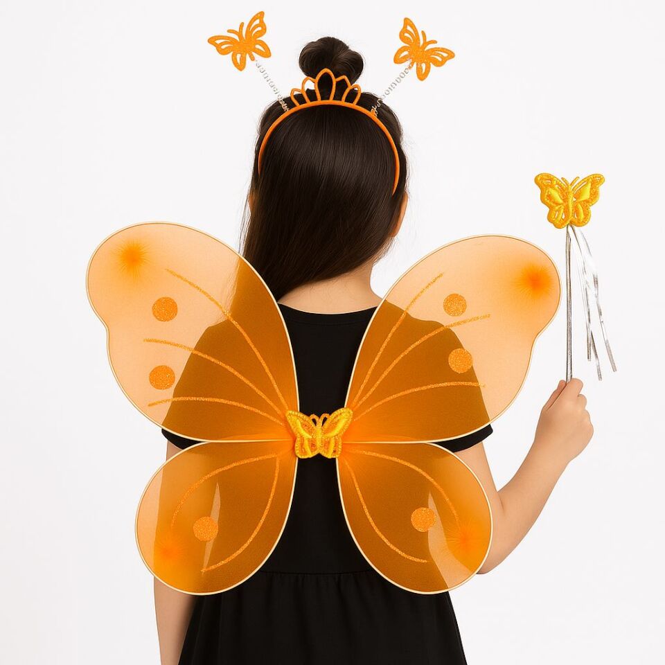 Turuncu Kelebek Kız Seti – 50 cm Kelebek Kanadı, Taç ve Asa Şık Tasarımlı Fonksiyonel Ürün