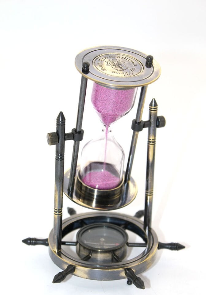 Pirinç Dümenli Pusulalı Kum Saati Şık Tasarımlı Fonksiyonel Ürün