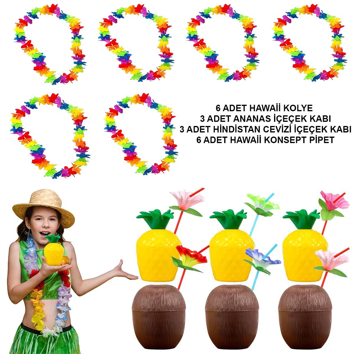 Tropikal Hawaii Parti Malzemeleri – Kolye, Pipet, Bardak Seti Şık Tasarımlı Fonksiyonel Ürün
