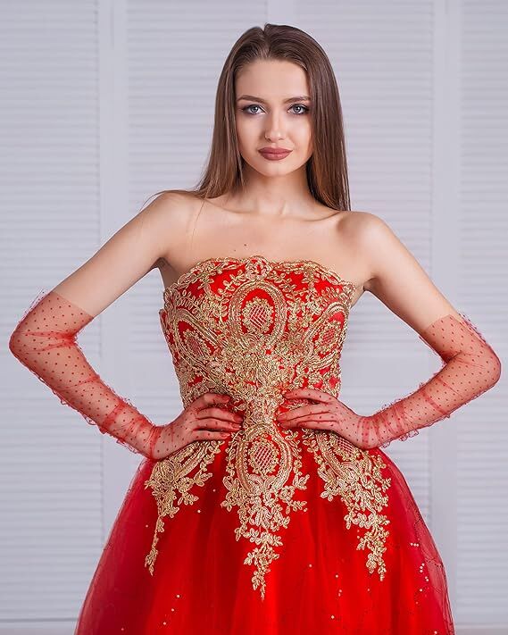 Uzun Boy Kırmızı Puantiyeli Kırmızı Renk Yetişkin Tül Eldiven Şık Tasarımlı Fonksiyonel Ürün