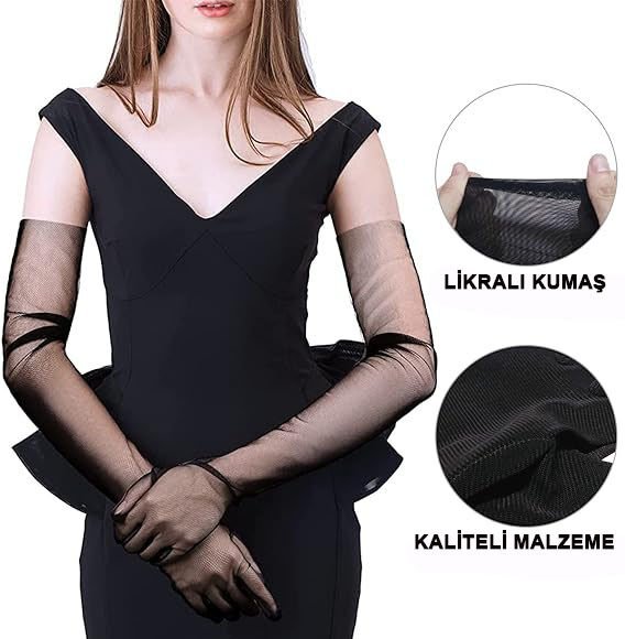 Uzun Boy Likralı Siyah Yetişkin Mega Tül Eldiven Şık Tasarımlı Fonksiyonel Ürün