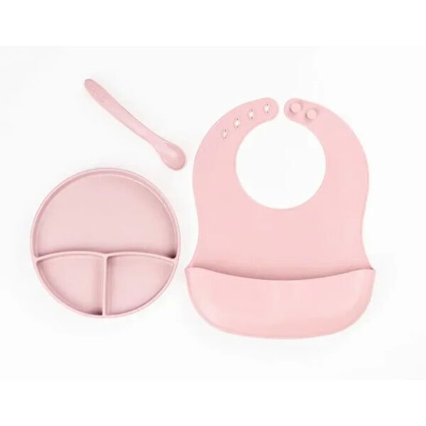 Pembe 3’lü Silikon Yemek Seti – Önlük + Diş Kaşıyıcılı Kaşık + Vakumlu Tabak Şık Tasarımlı Fonksiyonel Ürün