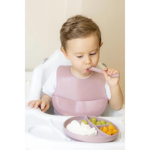 Pembe 3’lü Silikon Yemek Seti – Önlük + Diş Kaşıyıcılı Kaşık + Vakumlu Tabak Şık Tasarımlı Fonksiyonel Ürün