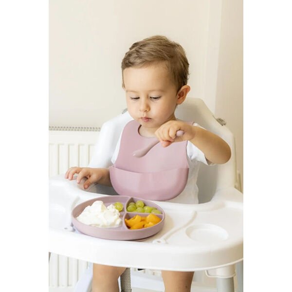 Pembe 3’lü Silikon Yemek Seti – Önlük + Diş Kaşıyıcılı Kaşık + Vakumlu Tabak Şık Tasarımlı Fonksiyonel Ürün