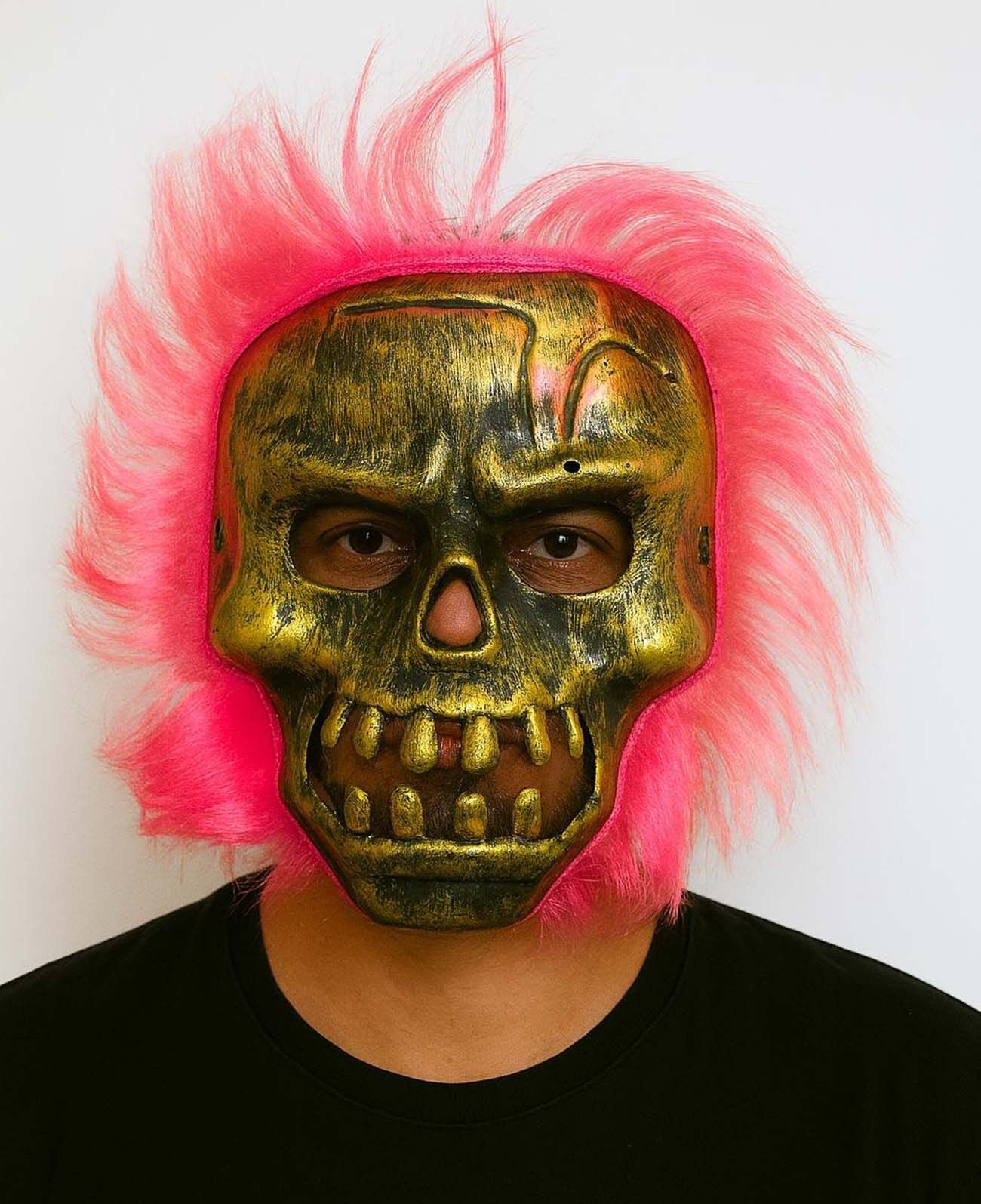 Wild Skull - Bakır Kafatası Pembe Saçlı İskelet Maske Şık Tasarımlı Fonksiyonel Ürün