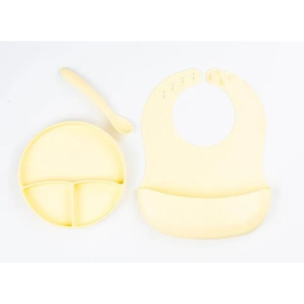 Sarı 3’lü Silikon Yemek Seti – Önlük + Diş Kaşıyıcılı Kaşık + Vakumlu Tabak Şık Tasarımlı Fonksiyonel Ürün