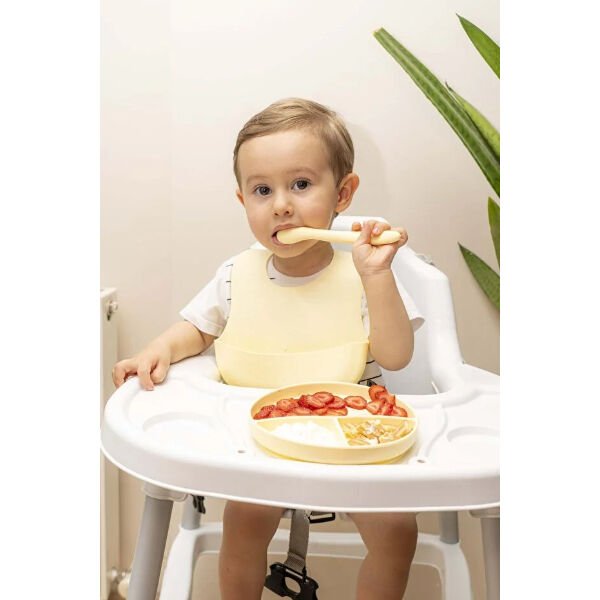 Sarı 3’lü Silikon Yemek Seti – Önlük + Diş Kaşıyıcılı Kaşık + Vakumlu Tabak Şık Tasarımlı Fonksiyonel Ürün