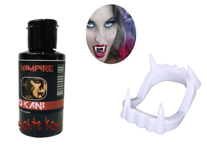 Beyaz Renk Çift Damak Takma Vampir Dişi ve 50 gr Tiyatro Kanı Set Şık Tasarımlı Fonksiyonel Ürün