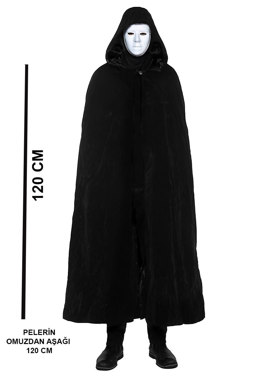 Siyah Kapüşonlu 120 cm Pelerin ve Beyaz Boyanabilir Tam Yüz Maske Şık Tasarımlı Fonksiyonel Ürün