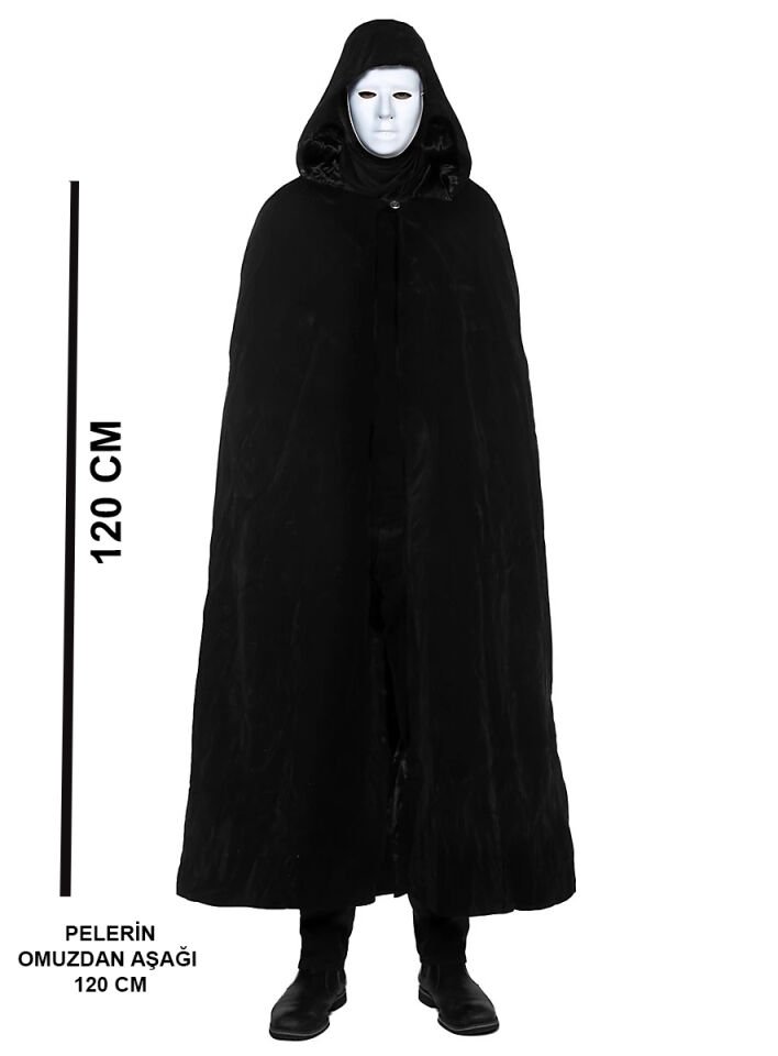 Siyah Kapüşonlu 120 cm Pelerin ve Beyaz Boyanabilir Tam Yüz Maske Şık Tasarımlı Fonksiyonel Ürün
