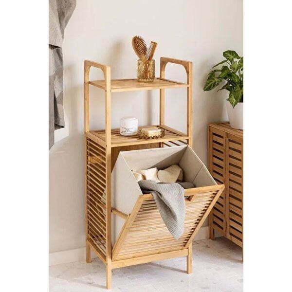 2 Organizer Raflı Ahşap Bambu Çek-Aç Kirli Sepeti Şık Tasarımlı Fonksiyonel Ürün