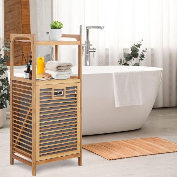 2 Organizer Raflı Ahşap Bambu Çek-Aç Kirli Sepeti Şık Tasarımlı Fonksiyonel Ürün