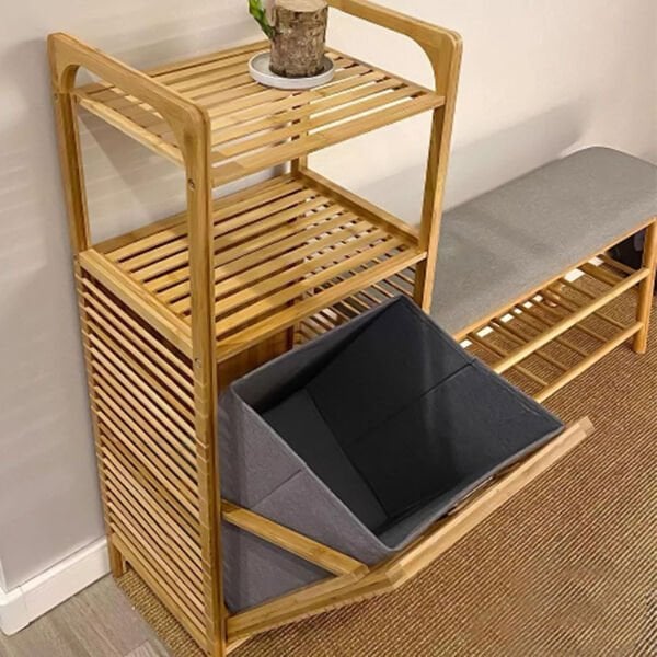 2 Organizer Raflı Ahşap Bambu Çek-Aç Kirli Sepeti Şık Tasarımlı Fonksiyonel Ürün