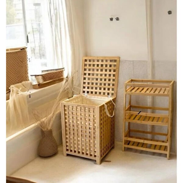 Büyük Boy Ahşap Bambu Kirli Sepeti 45x45x62 Şık Tasarımlı Fonksiyonel Ürün