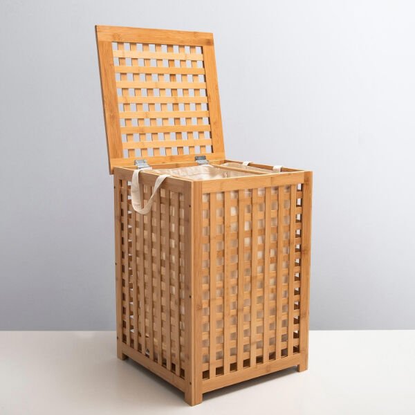 Büyük Boy Ahşap Bambu Kirli Sepeti 45x45x62 Şık Tasarımlı Fonksiyonel Ürün