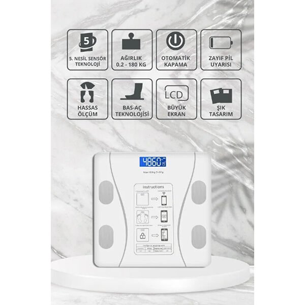 Beyaz Renk Bluetooth Özellikli Akıllı Tartı Çok Amaçlı Pratik Kullanışlı Ürün